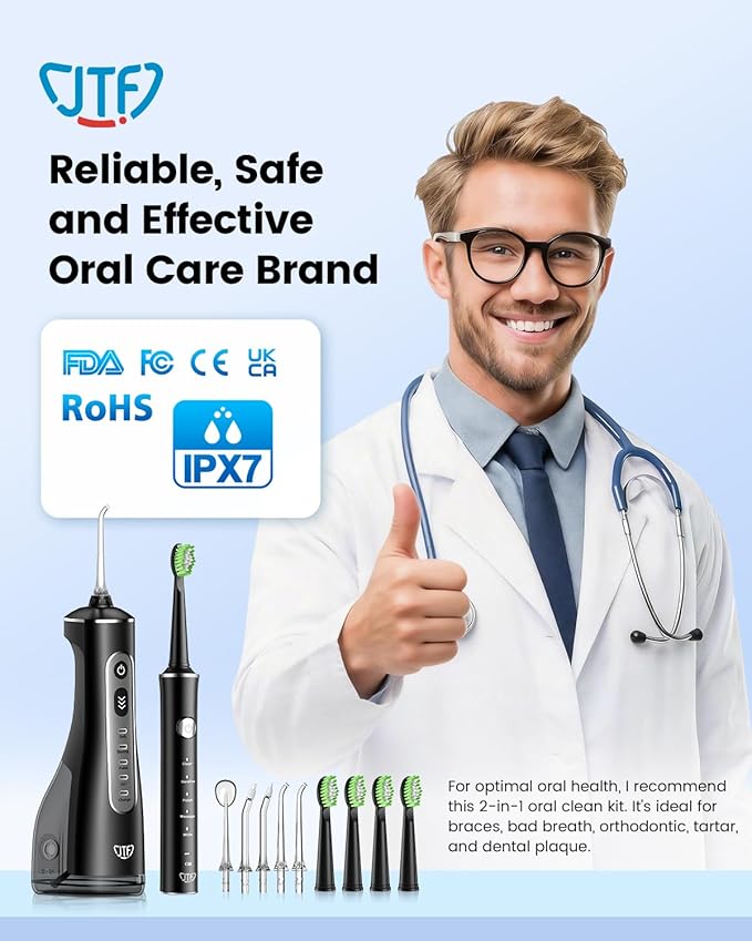 JTF Electric Toothbrush with Water Flosser Combo: 2-in-1 Portable Oral Clean Kit for Effective Yet Gentle Brushing & Flossing, Multiple Modes for Braces & Sensitive Gums Care, Cordless for Home Travel