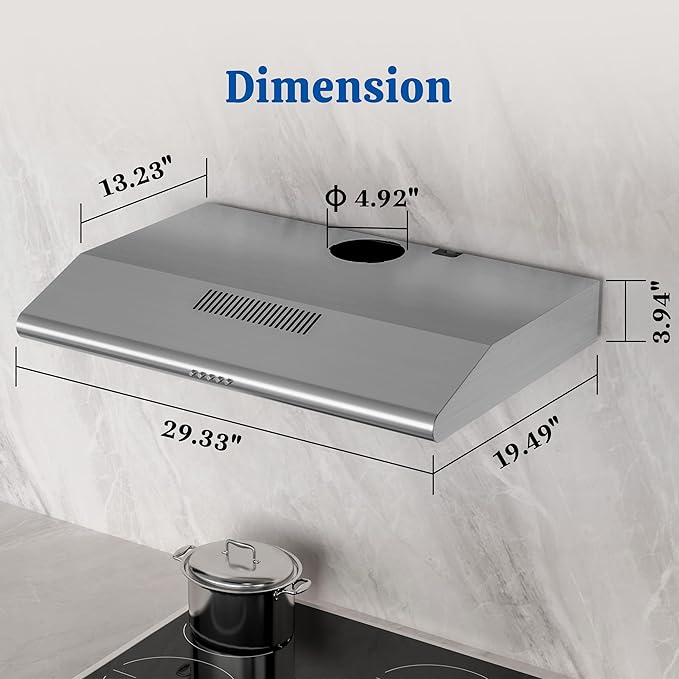 FIREGAS Under Cabinet Range Hood 30 Inch, Ducted/Ductless Convertible Kitchen Vent Hood with 250 CFM, Stainless Steel, 3-Speed Exhaust Fan, Energy-Efficient LED Lights for Stove Ventilation