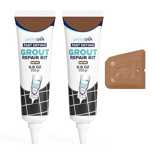 PentaUSA Premixed Tile Grout Repair Kit 2 Pack - Beige Brown Acrylic Sanded Grout Filler for Bathroom, Shower, Kitchen Tile Water-Resistant Tubes with Applicator, Fast Drying (2 x 250g / 17.6oz)
