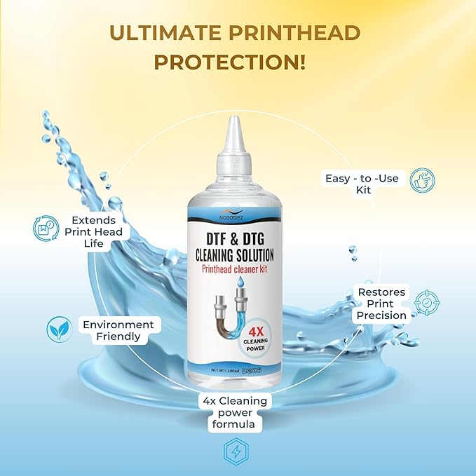 NGOODIEZ DTF Cleaning Solution Kit for Epson ET-8550 L1800 XP-15000 | DTF DTG Printer Head Cleaner Dissolves White Ink Clogs | Restores Print Quality & Extends Printhead Life - 100mL