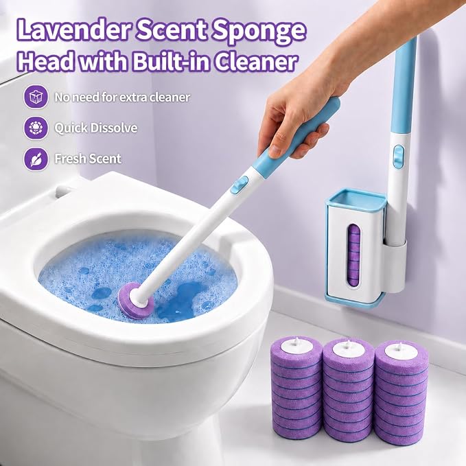 Disposable Toilet Brush with Wall Mounted Holder, Toilet Scrubber Refill | Hands Free Toilet Brush, 1 Wand and Holder with 24 Purple Refills,Bathroom Cleaning for Bathroom/RV, Light Lavender Scent