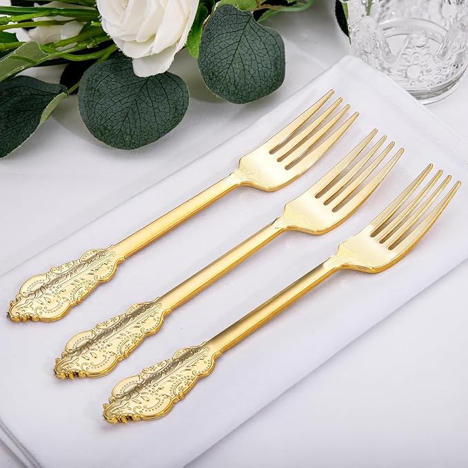 WDF 100 Piece Gold Forks Disposable - 7.48 Inch Gold Plastic Forks - Baroque Plastic Silverware for Dessert Cake - Heavy Duty for Party Wedding Daily Using Baby Shower Spring