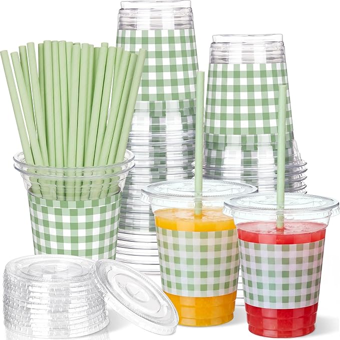 Domensi 25 Sets Sage Green and White Gingham Plastic Cups with Lids and Paper Straws 12oz Checkered Party Disposable Cups Bulk Drinking Cup for Cold Drinks Baby Shower Wedding Birthday Party Supplies