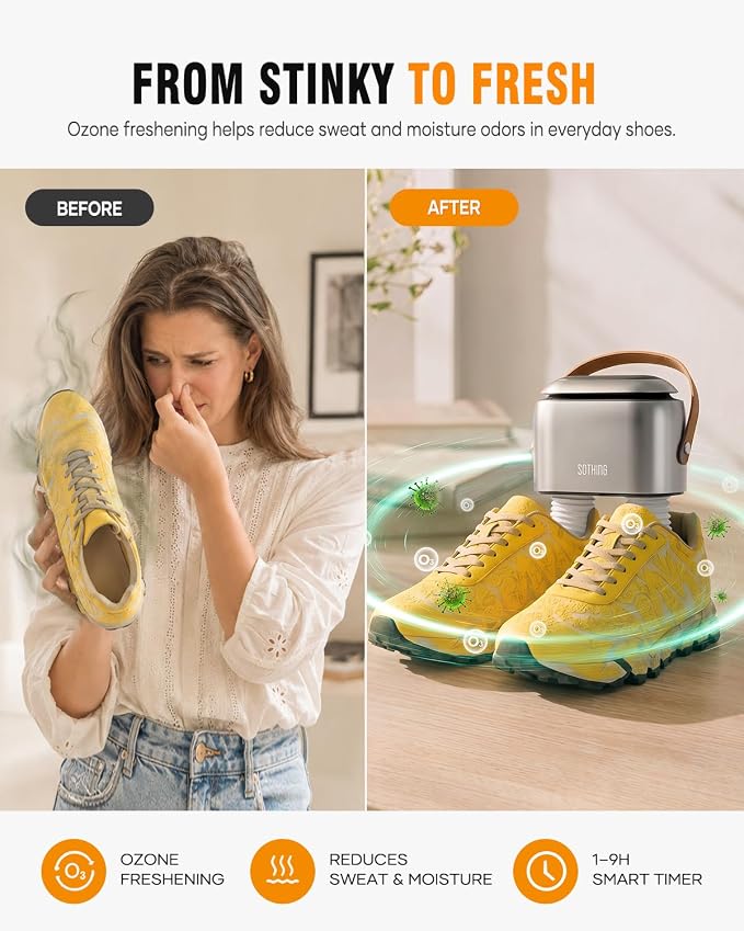SOTHING Boot Dryer for Work Boots and Ski Boots with Ozone Odor Freshening, Portable Shoe Dryer & Glove Dryer with 11.81-Inch Extendable Hoses, 3 Heat Levels, 1–9H Timer for Sneakers and Rain Boots