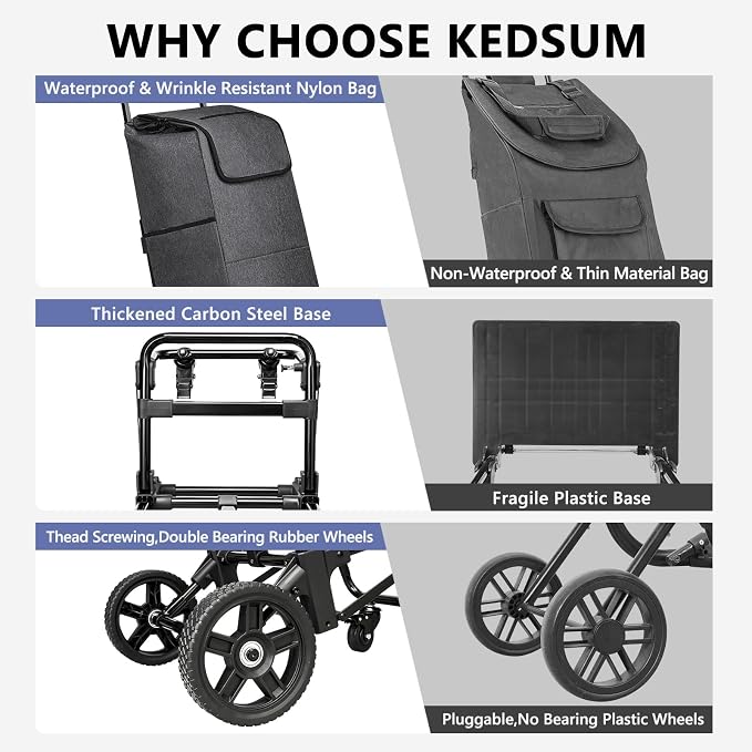 KEDSUM 3 in 1 Shopping Cart with Wheels, 60L/250LBS Multi Use Grocery Cart with 7" Big Wheels & Removable Waterproof Bag, Personal Shopping Carts for Groceries, Telescoping Handle & Thickened Steel