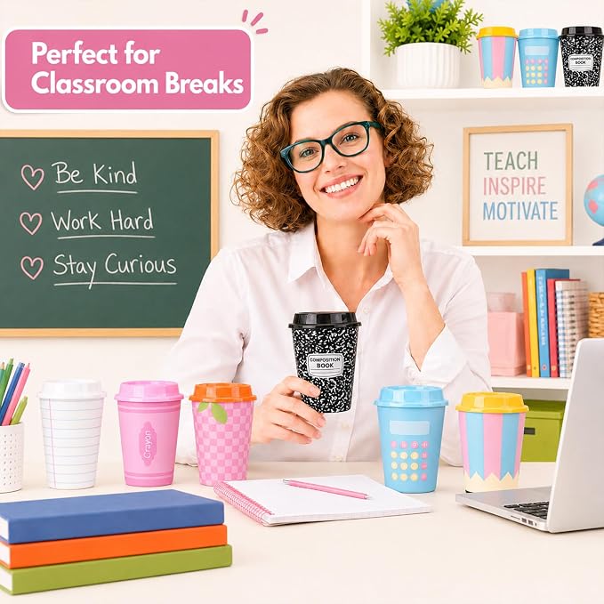 Skylety 24 Pcs Back to School Cups Bulk 12oz Classic and Pastel Style Reusable Plastic Coffee Cups with Lids First Day of School Gifts for Teachers Students Party Favors Supplies (Pastel)