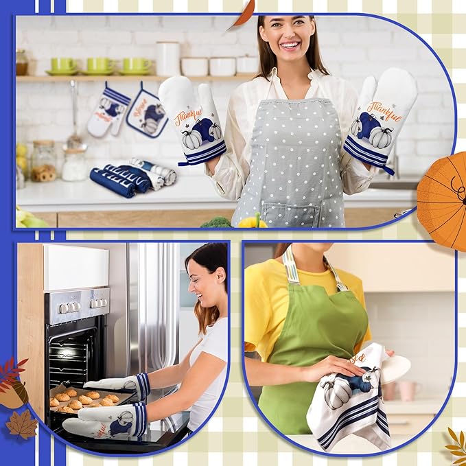 Fanfanwin 10 Pcs Thanksgiving Pumpkin Kitchen Decor Set Kitchen Towels Pot Holders Oven Mitts and Rugs Set Thanksgiving Decor for Baking Cooking Home Gift