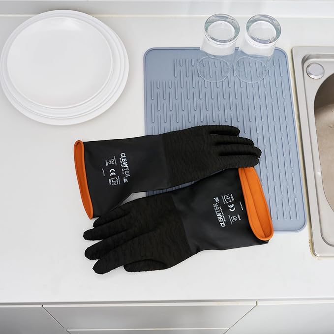 Restaurantware Chemical Resistant Gloves 10 Pairs 13.78 Inch Rubber Industrial Work Gloves Heavy Duty Unlined Black Non-Slip Roll Cuff Reusable Gloves for Mining