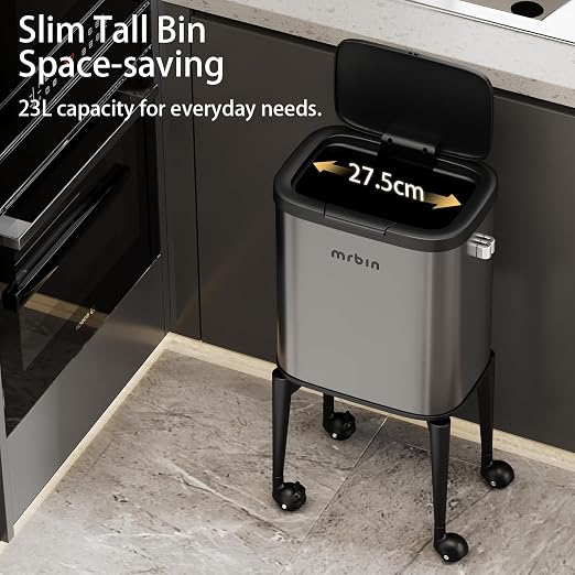 MRBIN Metal Kitchen Trash Can with Wheel Legs, 23L / 6.1gal Medium Press Lid Slim Removable Waste Basket, Pet Proof Tall Narrow Garbage Pail for Vanity, Bedroom, Bathroom, Living Room, Eclipse Grey
