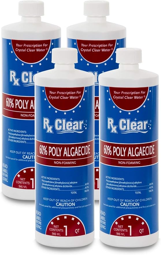 Rx Clear Algaecide 60 Plus | Non-Foaming Formula for Above Or In-Ground Swimming Pools | 60 Percent Poly-Algaecide | Keeping Algae in Suspension | One Quart Bottles | 4 Pack