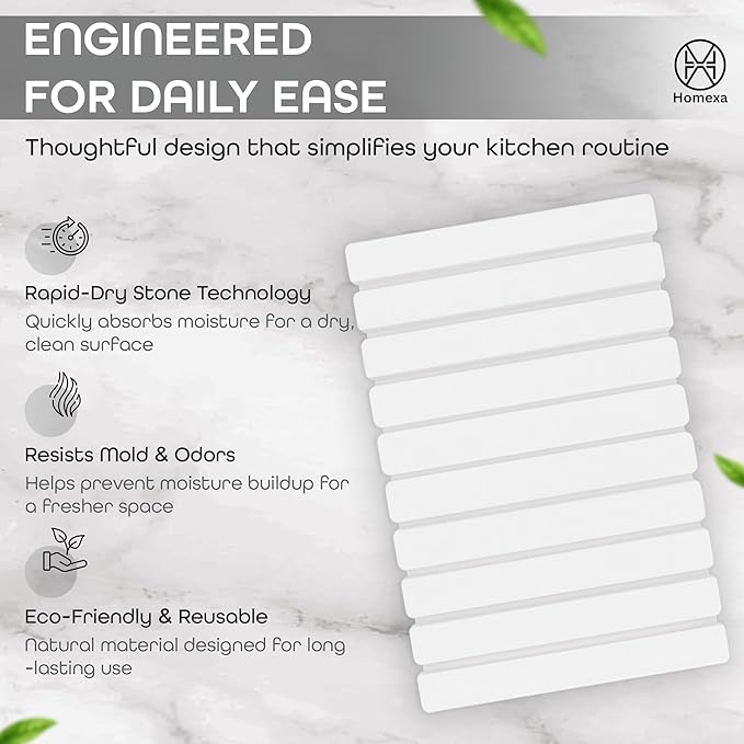 Stone Dish Drying Mat 24" x 16" – Dish Drying Stone – Large Diatomaceous Earth Drying Mat with Non-Slip Base – Quick Dry Kitchen & Bathroom Drying Pad for Dishes, Glassware & Bottles (Solid White)