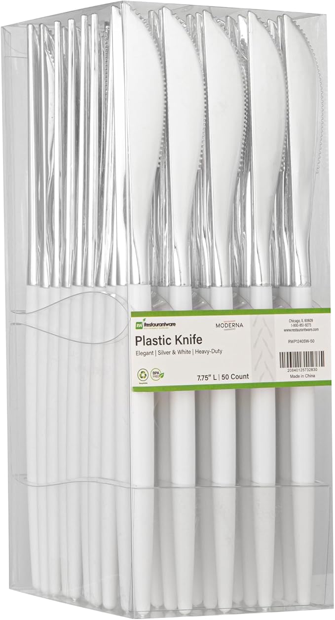 Restaurantware-Moderna 7.75 Inch Fancy Flatware, 50 Durable Plastic Flatware - With White Handle For Grip, Heavy-duty, Silver Plastic Knives, Serrated Edges Or Restaurants