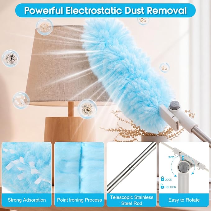 6 ft Extendable Duster Handle with 40 Refills and 1 Pair of Gloves Compatible with Swiffer Duster 360° Heavy Duty Microfiber Dusters Kit for Cleaning High Ceilings and Fans, Vents(Blue)