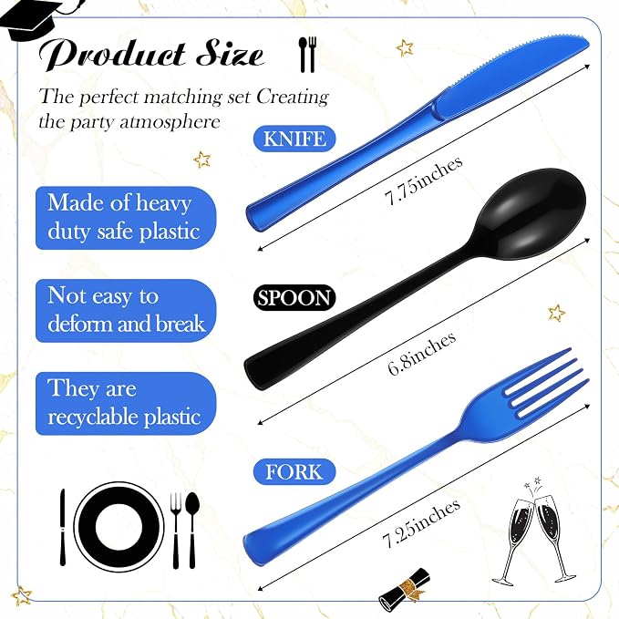 Minatee 180 Pcs Black and Blue Graduation Plastic Silverware Heavy Duty Cutlery Sets Disposable Utensils for Holiday Birthday Themed Party Supplies, 60 of Each Forks Knives Spoons