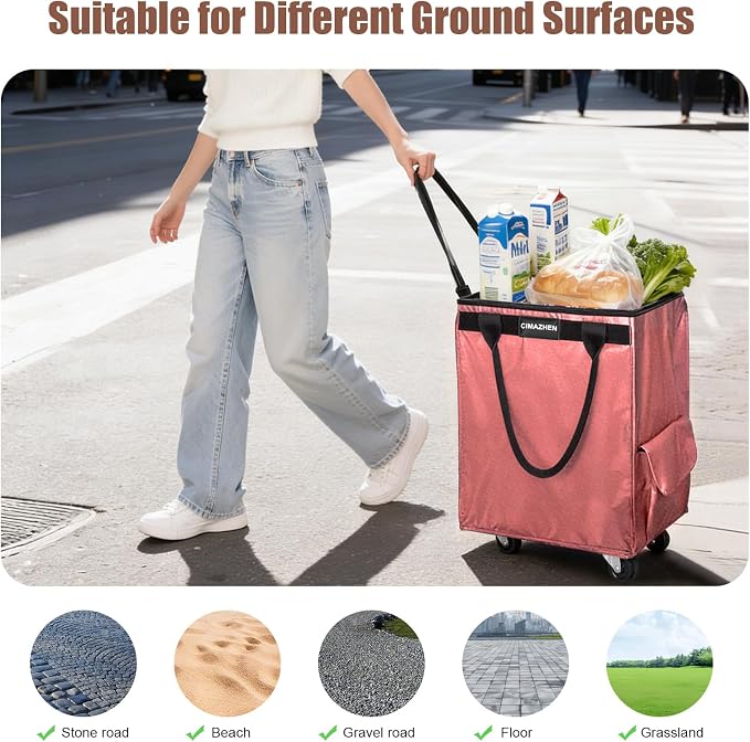 (Medium,Pink) Reusable Grocery Bag on 4 Wheels, 70L Foldable Rolling Tote Bag with 3 Handles and Zipper, Rolling Shopping Cart for Groceries, Storage, Laundry, Travel, Organizer, 76lb
