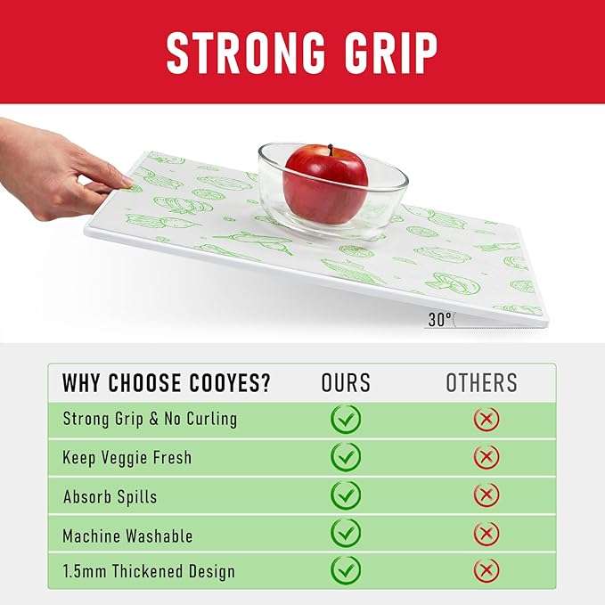 Cooyes Refrigerator Drawe Liners Super Absorbent Fridge Bin Mats Keep Produce Fresh Longer Air Circulating Non-Slip Washable Non-Adhesive (12 Pack 12" x 24" Green Veggie)
