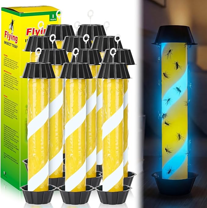 12 Pack Glow in the Dark Fly Sticks Outdoor & Indoor Sticky Fly Traps with Blue Fluorescent Night Attraction Light-Absorbing UV for Mosquitoes Flies Waterproof Hanging Catcher (Black)