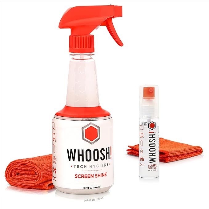WHOOSH! Screen Cleaner Spray & Microfiber Cloth Bundle | 16.9 & 1 fl oz + 2 Microfiber Cloths (14x14 & 6x6)