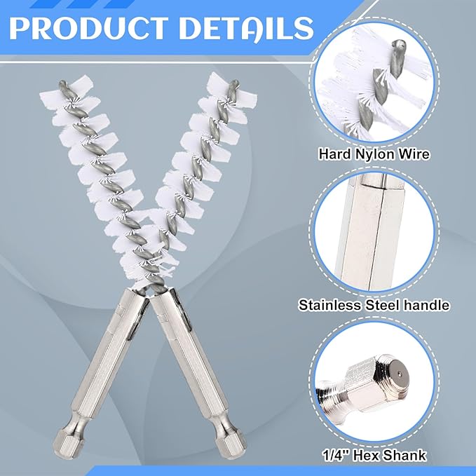 60 Pcs Bore Brush for Drill, Stainless Steel White Wire Cleaning Brushes Bulk with 1/4" Hex Shank Copper Pipe Cleaner Drill Attachment for Rust Engine Tube(8/10/12/15/17/19mm)