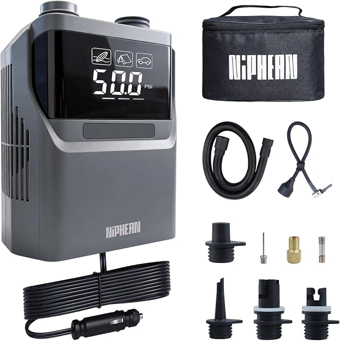 Niphean Paddle Board Electric Pump 50 PSI Air Pump with Dual Stage Auto Inflation & Deflation, 12V DC Car Connector Portable SUP Pump for Stand Up Paddle Board, Kayak, Boats, Tent and Tires