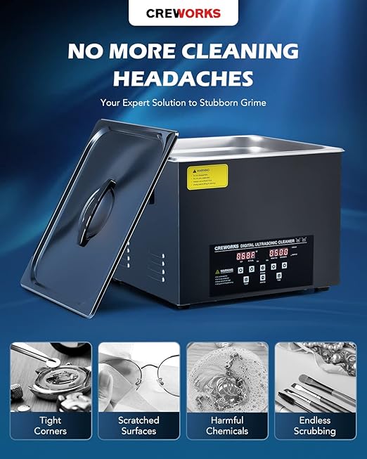CREWORKS 15L Digital Ultrasonic Cleaning Machine with Degas and Gentle Mode, 360W Ultrasonic Cleaner with Heater and Timer, 40kHz Ultrasound Cleaner for Industrial Parts Carburetor Auto Tool