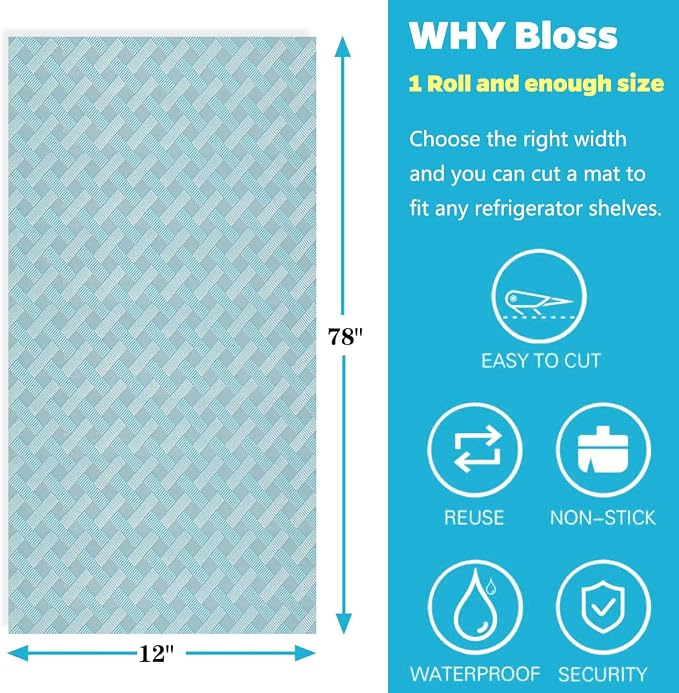 Bloss Refrigerator Liners for Shelves / 12" x 78" Refrigerator Mats Liners/Washable Fridge Liners/Wire Shelf Liner, Drawer Liners, Blue