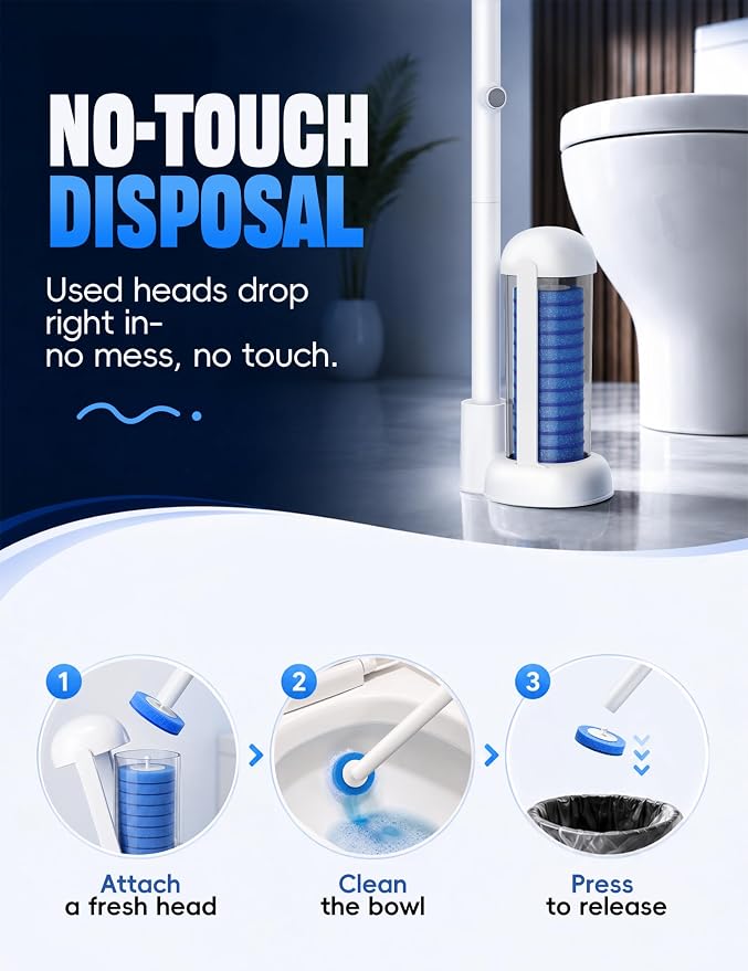 Toilet Wand Kit, Disposable Toilet Bowl Cleaner Brush with Blue Replacement Heads, Press-Button Wand and Self-Closing Freestanding Holder (2 Toilet Brush + 91 Refills)