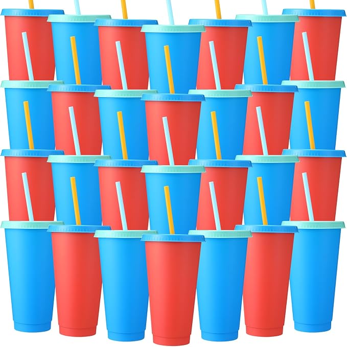 Honeydak 30 Pack Tumbler with Straw and Lid Bulk Cups for Gifts Water Bottle Iced Coffee Travel Mug Cup Reusable Plastic Tumblers for Party Birthdays 24-27 oz (Blend Color)
