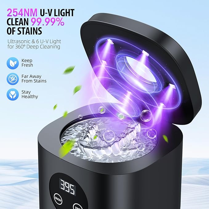 TEBAL Ultrasonic Retainer Cleaner Machine, 52kHz Ultrasonic Denture Cleaner for Mouth Guards, Braces, Toothbrush Heads, Jewelry, Dental Ultrasonic Cleaner with 250ML Capacity & Cleaning Brush, Black