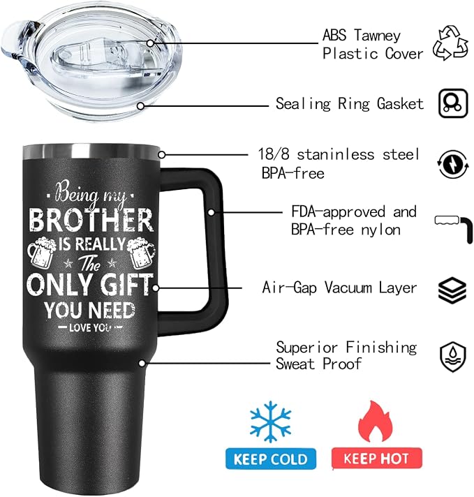 Ceovfoi 40 oz Black Brother Stainless Steel Cups Mug Water Bottle Tumbler with Handle,Brother Gifts from Sister