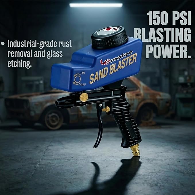 LE LEMATEC Portable Sand Blaster Gun Pro Kit (Pistola de Arena) - Premium Rust & Paint Removal for Auto, Patio & Furniture Restoration - Ceramic Nozzle - Optimized for 90 PSI 4 CFM Compressors