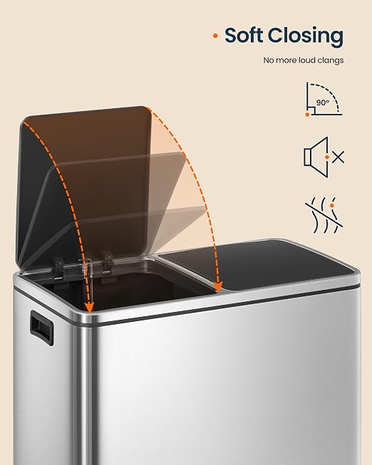 SONGMICS HOME Trash Can with 2 Compartments for Kitchen, Garbage Can with 15 Trash Bags, Silver