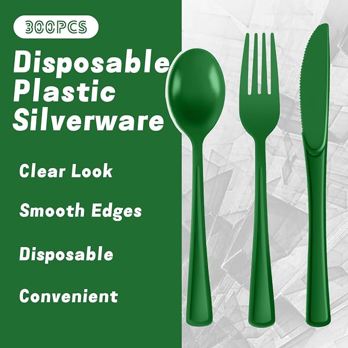Plastic Silverware 300 PCS Disposable Silverware Heavy Duty Utensil Sets 100 Of Each Forks Knives & Spoons Disposable Cutlery Set For Easter,Birthday,Baby Shower,Garden Party,Wedding(300,Green)