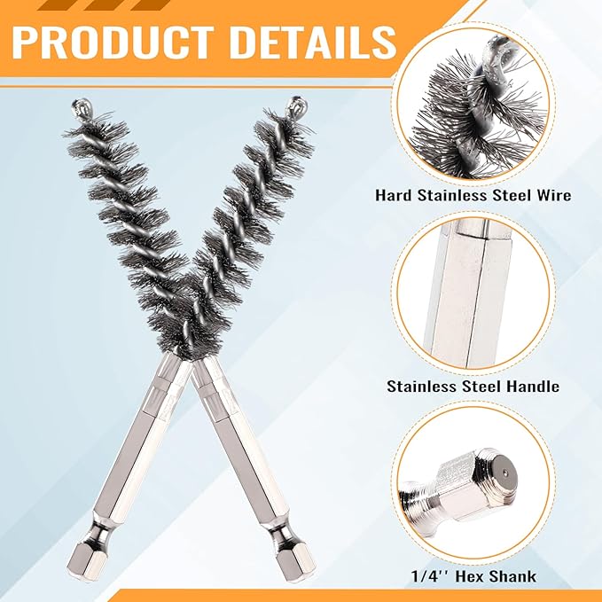 60 Pcs Bore Brush for Drill, Stainless Steel Silver Wire Cleaning Brushes Bulk with 1/4" Hex Shank Copper Pipe Cleaner Drill Attachment for Rust Engine Tube(8/10/12/15/17/19mm)