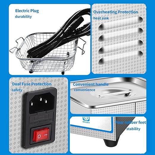 Professional Stainless Steel Heated Ultrasonic Cleaner Machine for Jewelry Glasses Watch Straps Dentures Carburetor Circuit Board Mouth Guard Precision Small Parts Cleaning Equipment (1.3L)