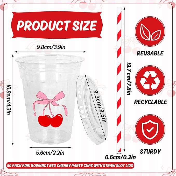 Whaline 50Pcs Cherry Bow Disposable Plastic Cups with Lids and Straws 12Oz Red Pink Cherry Bowknot Cold Beverage Drinking Cups for Wedding Birthday Baby Shower Party Supplies
