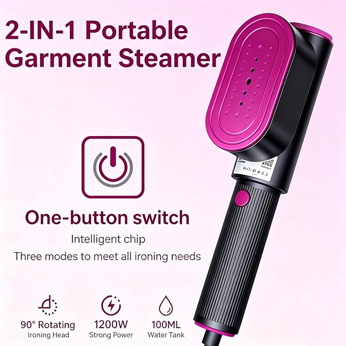 2 in 1 Travel Steamer Iron for Clothes,1200W Portable Handheld steamer for clothes, One-Button Switch, Fast Heat-Up, Quick Wrinkle Removal, Dry & Steam Ironing,110V(Black)