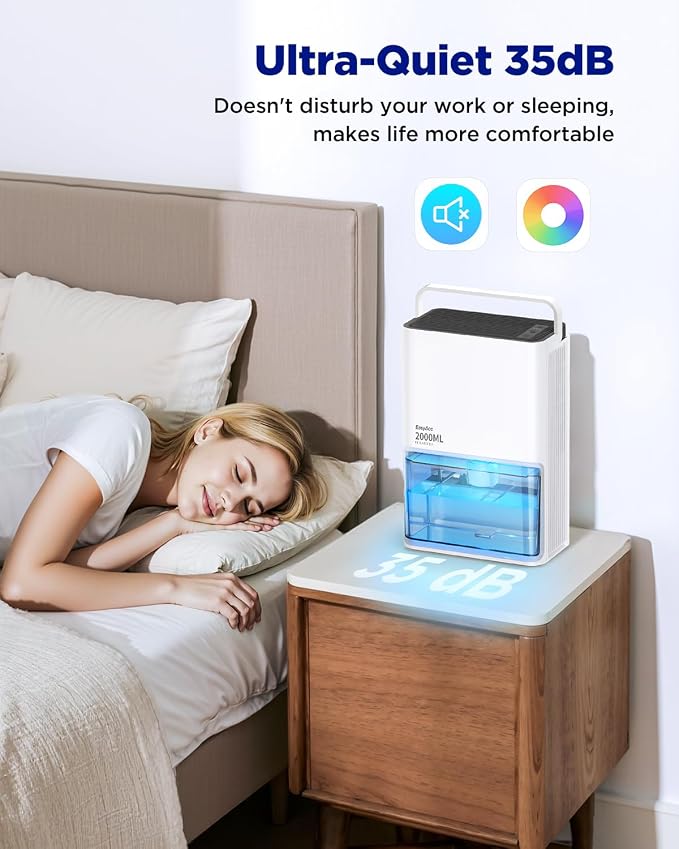 EasyAcc Small Dehumidifier for Bathroom, 68OZ 500Sq.Ft Quiet Dehumidifiers for Home with Auto Defrost, Auto Shut Off, Dual-Semiconductor Mini Dehumidifiers for Bedroom Home RV Room 7 Color Light