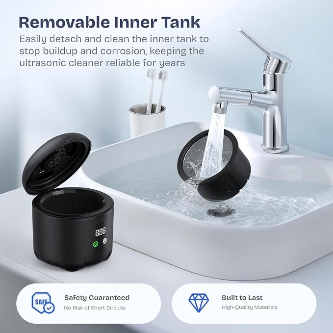 2025 Ultrasonic Retainer Cleaner- 45KHz 25W Portable Denture Cleaner with Drying Function and Removable Inner for Dentures, Mouth Guards, Aligners, Jewelry and More (Black)