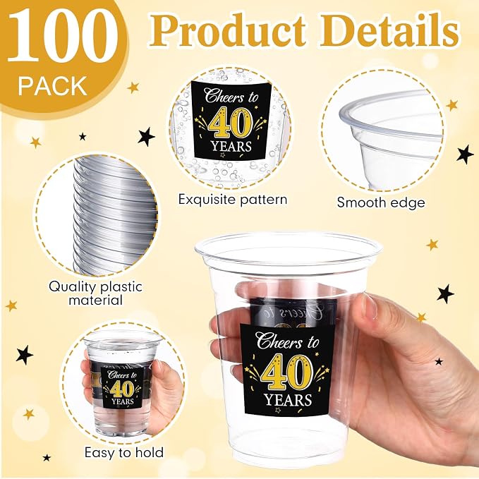 Funnymoom 100 Pack 40th Birthday Cup 12 oz Cheers to 40 Years Happy Birthday Disposable Clear Plastic Cups for Him Men Women Wedding Anniversary Decorations Party Favors