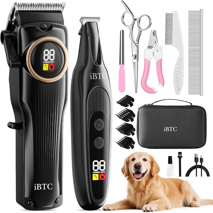 iBTC Professional Dog Grooming Clippers Kit, Low Noise Cordless Rechargeable Pet Hair Trimmer with Paw Trimmer & Nail Grinder, Heavy Duty Grooming Tools for Thick Fur Small Medium Large Dogs Cats