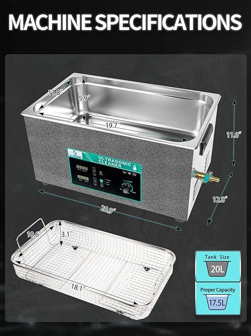 Ultrasonic Cleaner 20L with Adjustable Power & Sweep, 480W Ultrasonic Carburetor Cleaner, Digital Timer and Heater, Heavy-Duty Parts Cleaner for Industrial, Motorcycle, and Hardware Tools