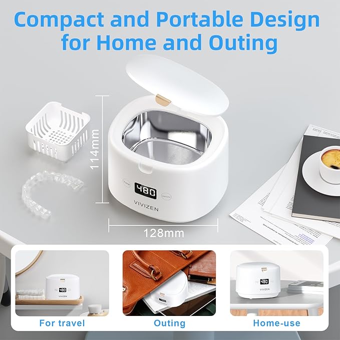 Ultrasonic Retainer Cleaner, Sonic Dental Cleaning Pod, Portable 30W/45kHz Machine for Dentures, Aligners, Braces, Mouth Guards, Jewelry, for All Dental Appliances (White)