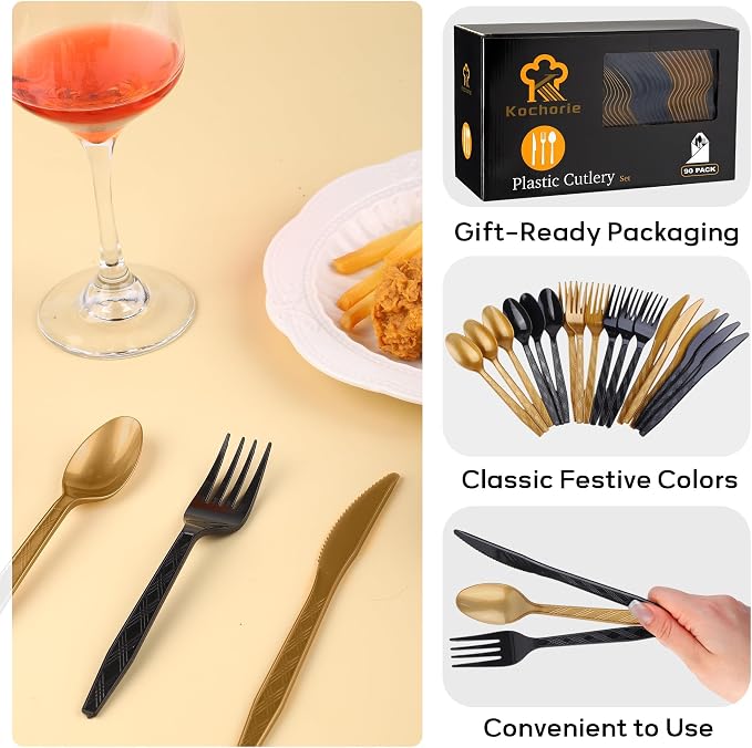 Kochorie 90 Pieces Graduation Party Plastic Cutlery Set Black and Gold Disposable Plastic Utensils Heavy Duty Flatware Set Include 30 Knives 30 Forks 30 Spoons for Graduation Wedding Birthday Party