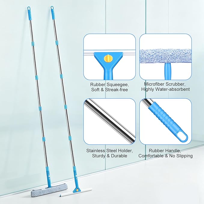Longzhuo 10 ft Professional Window Washing Kit with Extension Pole, 2 in 1 Squeegee for Window Cleaning Kit for Indoor/Outdoor High Window Glass, Car Windshield Cleaner Tool