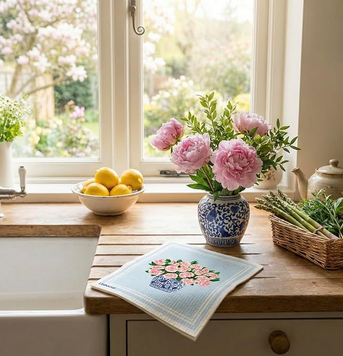 Garden Collection Swedish Dishcloth, Reusable Paper Towel, Super Absorbent Cellulose Sponge, Kitchen Cleaning Cloth, Washable & Compostable (Pink Peonies - 1 Pack)