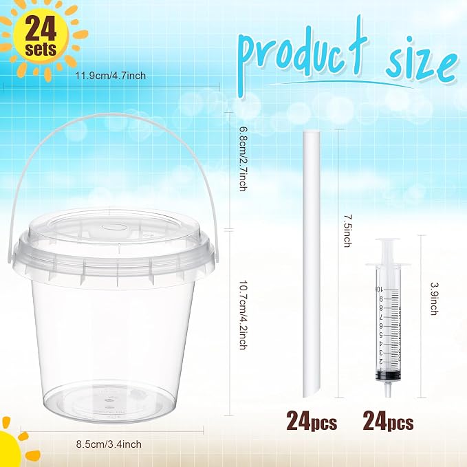 Funnymoom 24 Set Clear Plastic Drink Buckets with Lids Straws Syringes 24 oz Rum Buckets Disposable Party Cups Cocktail Pails with Handles for Outdoor Events, Beach, Pool, BBQ, Birthday Supplies