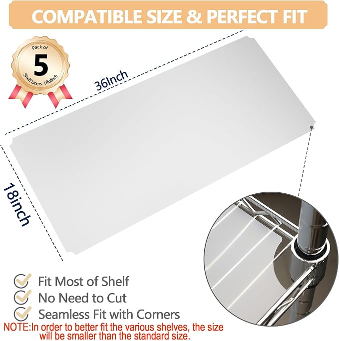 5pcs Shelf Liners of Wire Shelf System,18 x 36 inch Plastic Shelf Liners Mats for Wire Shelving (Rolled,Actual Size:17.97"X35.98")