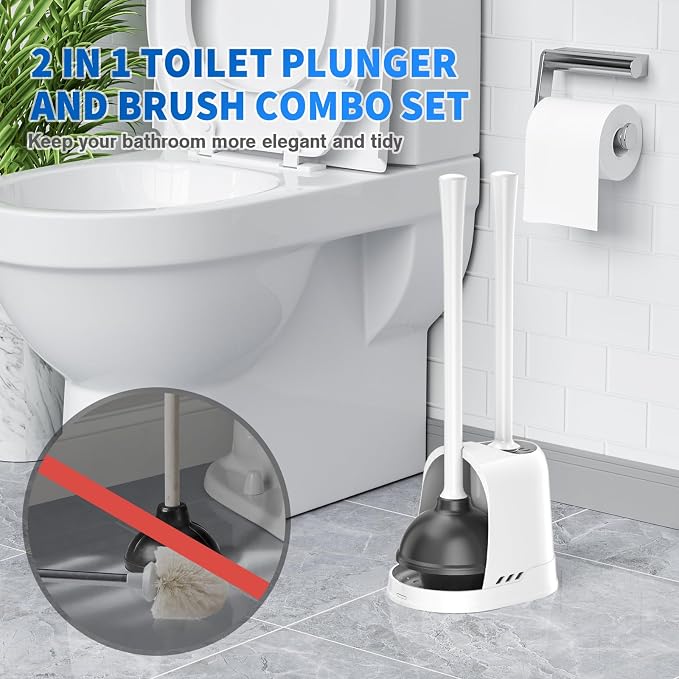 Toilet Plunger and Brush, Silicone Bowl Brush and Heavy Duty Toilet Plunger Set with Ventilated Holder, 2-in-1 Toilet Brush and Plunger Combo for 5.3-inch Bathroom Cleaning (White, 1 Set)