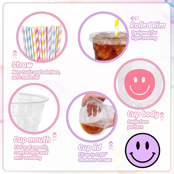 Whaline 60 Pcs Smile Face Disposable Plastic Cups with Lids and Straws 12 oz Pastel Preppy Smile Pattern Cold Beverage Drinking Cup for First Birthday Baby Shower Wedding